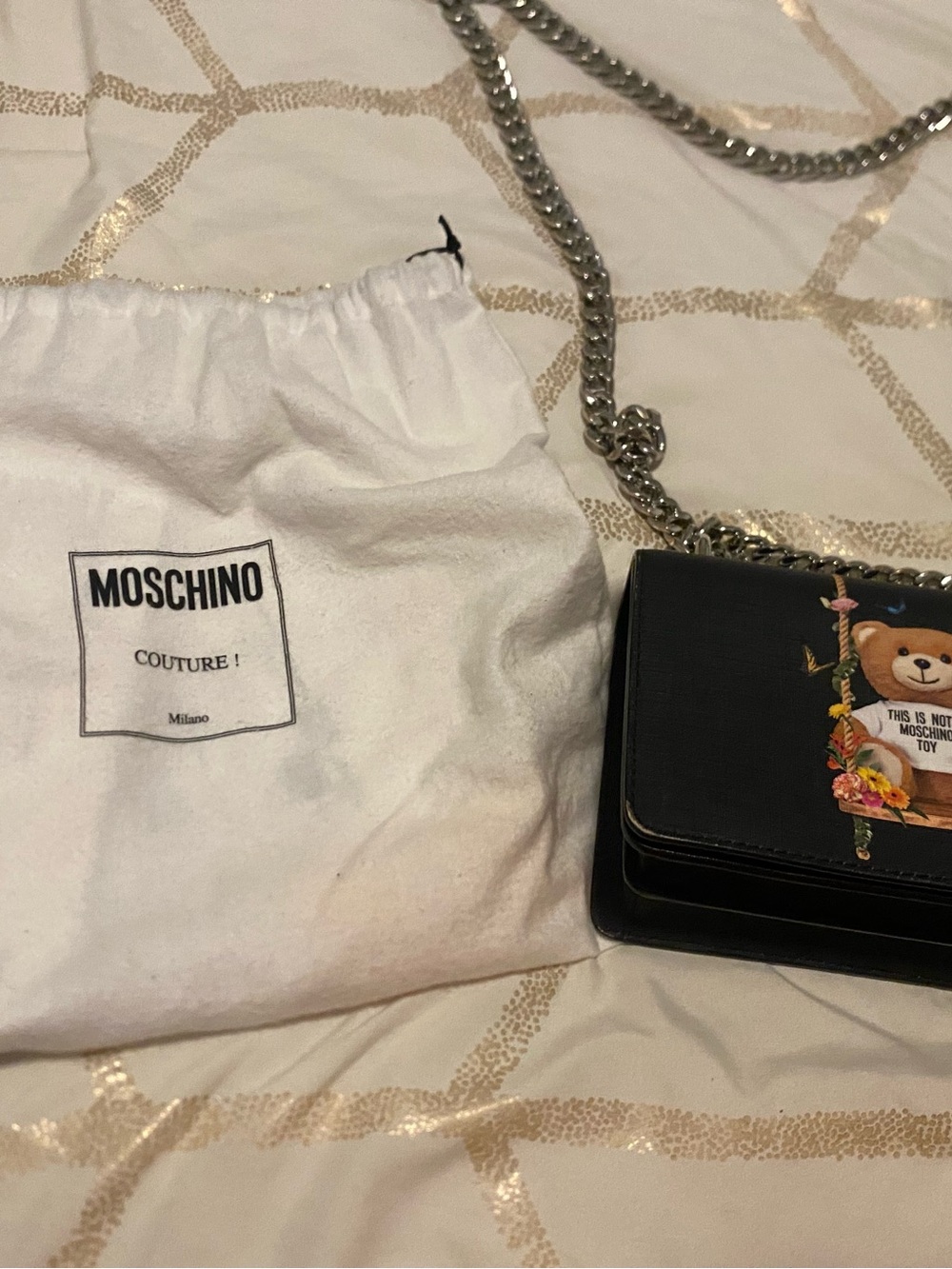 Moschino Black Leather Teddy Shoulder Bag with Silver Chain